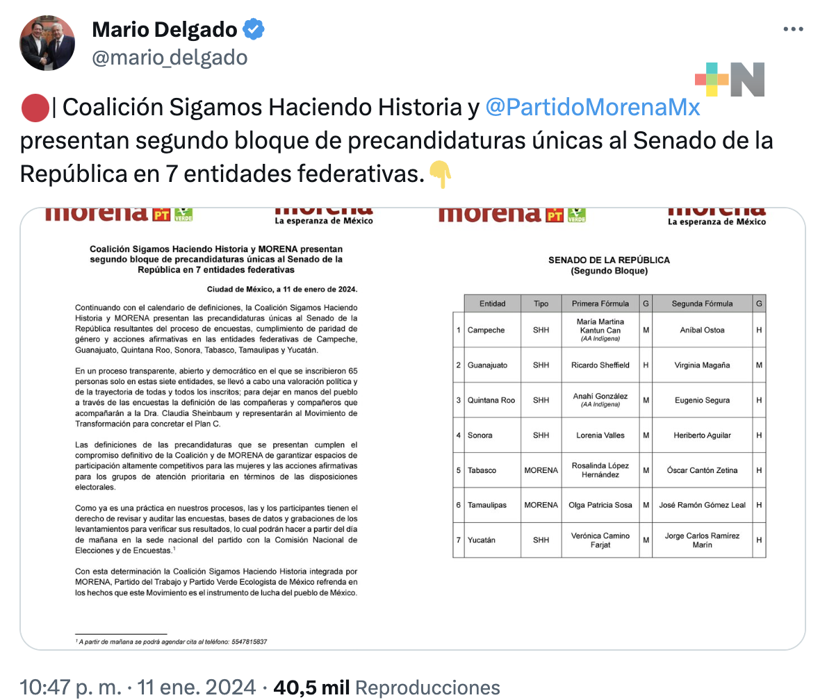 Morena anuncia segundo bloque de precandidaturas únicas al Senado, en 7 estados